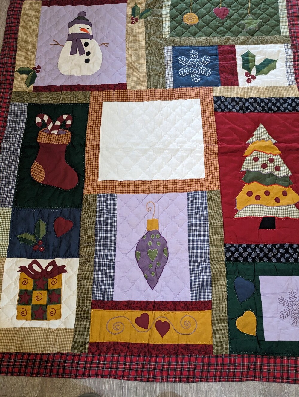 Handmade Christmas Patchwork Quilt With Festive Appliqué Panels Snow Man Blanket